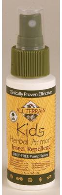 All Terrain Kids Herbal Armor Description: Deet-Free Pump Spray Clinically Proven Effective Natural Mosquito Repellent for Kids. Kids love playing outdoors but hate mosquito bites. Who doesn't? All Terrain Herbal Armor is a natural mosquito repellent for kids that works using all natural ingredients. 100% DEET-FREE; only natural ingredients used. Clinically proven to be 100% effective for over two hours 95.8% effective for three hours and 77.1% effective for four hours. Unique formula with five natural essential oils. Free Of Deet Disclaimer These statements have not been evaluated by the FDA. These products are not intended to diagnose treat cure or prevent any disease. Product Features: All Terrain Kids Herbal Armor Directions Adults applying to children over 1 year of age: Shake well. Apply evenly to exposed skin avoiding contact with the eyes mouth and hands. Kids Herbal Armor can be applied to clothing. Apply every 2 to 3 hours as needed. Ingredients: Active Ingredients: Oil of citronella (10%) oil of soybean (5.6%) oil of peppermint (2%) oil of cedar (1.5%) oil of lemongrass (1%) oil of geranium (.05%). Active Sunscreen Ingredient: Titanium dioxide (4%). Inactive Ingredients: Water beeswax aloe vera gel bentonite clay vegetable glycerin sorbitol lecithin potassium sorbate and citric acid. Ingredients: Citronella Peppermint Cedar Lemongrass Geranium. Other Ingredients: Water Aloe Vera Beeswax Soybean Oil Steareth-100 Sorbitan Tristearate Methylparaben and Polyparaben. Size: 2 FZPack of: 1Product Selling Unit: each