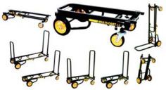 Transforms into any of 8 configurations in 2 seconds Lightweight steel frame easily expands from 26 to 39 inches in length Non-skid bed surface resists load slippage Meets airport baggage requirements New R Trac wheels are lightweight and smooth-riding. The Rock N Roller MultiCart - R2 Micro w/ R Trac is the smallest model in the RNR line handling up to 350 pounds. The rugged steel frame expands from 26 to 39 long with 25 and 20 foldable sides. This convertible cart ingeniously changes shape and length for varying load sizes and folds small for storage. Specifically designed to meet the requirements of car and air travel Rock N Roller Multi-carts are the best-selling carts in the music industry. Now equipped with R-Trac wheels and brakes the critically acclaimed Rock-n-Roller Multi-Cart instantly transforms into any of 8 configurations replacing the need for 8 different carts. It can carry huge loads yet fold small for storage. The patented Rock-n-Roller Multi-Carts are considered so innovative that they are even featured in college engineering texts books for outstanding design. 2-wheel hand truck formation has a long nose and stair climbers to maneuver bulky equipment over stairs and curbs 25/20 (front/rear) foldable sides rotate and lock into place easily. Perforated front axel reduces weight. R Trac wheels provide a super light weight pneumatic-like ride 4 x 1 inch front swivel casters with soft thermoplastic tread for a smooth quiet ride. Despite being the smallest cart available in the Rock N Roller product line the R2 micro multi-cart can carry up to 350 pounds. Transformable into eight different configurations it can be positioned vertically or horizontally and folds up small enough to fit into your trunk or meet airport baggage requirements. The cart's R-Trac wheels and brakes provide you with a smooth ride and total control over the cart's motion while the nonskid bed surface ensures your load stays in place the whole time.
