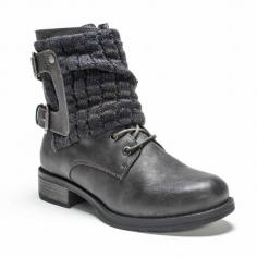 These women's MUK LUKS Effies are not your regular boot. In dark gray. SHOE FEATURES Sweater knit upper Buckle accents SHOE CONSTRUCTION Faux leather, fabric upper Faux fur lining EVA midsole TPR outsole SHOE DETAILS Round toe Pull-on Padded footbed 1.25-in. heel Size: 6. Color: Grey. Gender: Female. Age Group: Kids. Pattern: Solid. Material: Faux Fur/Knit/Faux Leather.