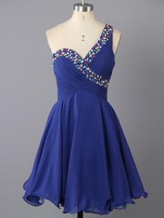 One Shoulder Short/Mini Chiffon Crystal Detailing Vintage Royal Blue Prom Dress