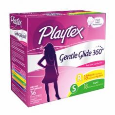 Stay dry and protected during with Playtex Gentle Glide Tampons. This convenient multipack contains 18 regular and 18 super tampons, so you can choose the right size for each day of your cycle. The absorbent core locks fluid inside while the unique double layer cross-pad design protects against leaks. You'll have greater peace of mind knowing that your clothing will stay dry without spotting. Regular scented tampons, multipack deodorant, are ideal to keep with you wherever you go, whether it's in your purse, backpack or gym bag. Playtex Gentle Glide Tampons are specially shaped with the contours of a woman's body in mind.