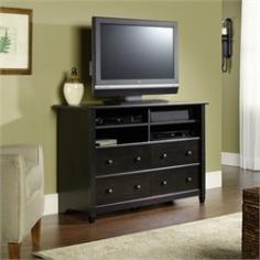 This Sauder highboy TV stand invites you to redefine your decor. In black. Product Features: Adjustable shelves hold all of your components. Drawers keep belongings neatly tucked away. Panel holds a TV up to 70 lbs. and 44 1/2-in. Product Details: 30.875H x 44.6.25W x 17.5D Engineered wood Assembly required Manufacturer's 5-year limited warranty Model no. 409242 Promotional offers available online at Kohls.com may vary from those offered in Kohl's stores. Color: Black. Gender: Unisex. Age Group: Adult. Material: Wood.