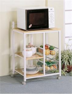 This white and natural looking serving cart is a humble piece to add extra storage to your kitchen or dining area. A spacious top shelf is the perfect place to set a microwave to avoid cluttering your counter space and two lower shelves provide extra storage space for plates dishes bowls or other dinnerware. The cart also features two wire storage compartments adding another storage dimension for staying organized. Simple with a homey feel this serving cart is an easy solution for creating more storage space in your kitchen while also maintaining a stylish and sleek look. Enjoy the best of both worlds with this serving cart. Item and Dimensions Width (side to side): 17" W. Height (bottom to top): 33.5" H. Depth/Length (front to back): 23.75" D. Style: Traditional. Storage: Three shelves with two wire storage compartments. Shelves and Doors: 3 Shelves.