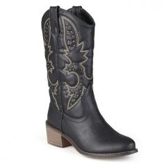 Add western-inspired pieces to your style in these women's cowboy boots by Journee Collection. SHOE FEATURES Intricate southwest top-stitched design Studded detail SHOE CONSTRUCTION Faux leather upper Faux fur lining TPR outsole SHOE DETAILS Round toe Pull-on Padded footbed 2-in. heel 11.5-in. shaft 13-in. circumference Promotional offers available online at Kohls.com may vary from those offered in Kohl's stores. Size: 6. Color: Black. Gender: Female. Age Group: Kids. Pattern: Western/Southwestern. Material: Faux Fur/Faux Leather.