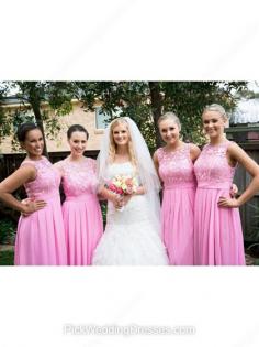 Scoop Neck Lace Chiffon A-line Pink Sweet Bridesmaid Dress #PWD01012567