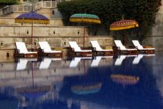 Photographic Print decor by Kymri Wilt. Outdoor Swimming Pool at Oberoi Amarvilas Hotel; Agra; India; and other travel; asia; india; agra; taj mahal wall art; posters; and prints for home wall coverings are available.