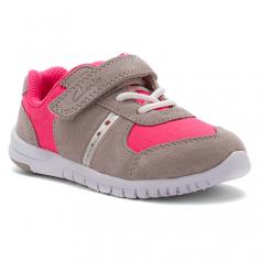 Active young feet will find a home in the Clarks Azon Jump sneaker. This rugged girls' athletic shoe has a durable suede upper with a reinforced toe cap that protects tiny toes. A padded collar cushions the ankle; traditional lacing and a hook-and-loop instep strap offer an adjustable fit. An antimicrobial fabric lining helps keep feet fresh, while pops of color add pizzazz. With a sturdy synthetic outsole for balance and traction, the Clarks Azon Jump sport shoe stylishly supports girls on the go.