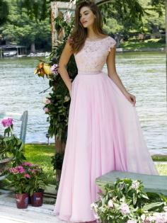 Scoop Neck Cap Straps Pink Lace Chiffon Appliques Lace Backless Prom Dresses #PED020100080