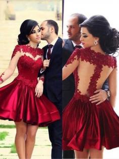 Elastic Woven Satin Tulle Scoop Neck Appliques Lace Long Sleeve Short/Mini Prom Dresses