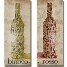 Text becomes its own artistic element in this celebration of vineyard delights. UV coated to prevent fading, these artist grade canvases have natural colored edges and stretched using a spline finish. Artist: Sd Graphics Title: Blanco and Rosso Wine Product Type: 2-piece canvas art set Style: Contemporary Format: Vertical Size: Small Subject: Cuisine Outside dimensions: 20 inches High x 8 inches Wide x .75 inches Deep (Each) Materials: Artist-grade canvas, wood This canvas is being custom built for you. Please allow 10 business days for the product to leave our warehouse.