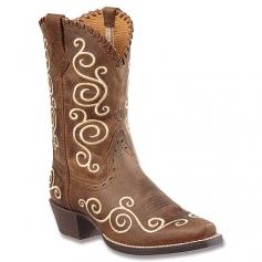 She's sure to be rodeo-readyor just look the partin the Ariat Shelleen cowboy boot. This girls' pull-on boot features a lightly distressed premium full grain leather foot and shaft decorated with swirled embroidery and crisp whipstitching around the topline. 4LR (Four Layer Rebound) technology lends all-day comfort, while the removable Ariat Booster Bed insole provides extra wiggle room for growing feet. Sitting atop a stacked-look heel, the Ariat Shelleen Western boot is finished with a single-stitch welt and synthetic outsole for flexibility and long life.