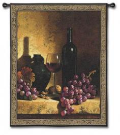 The Wine, Grapes & Walnuts tapestry wall hanging has texture not found in any other art form. The combination of the colors and weaves create a unique art experience that changes with each angle. See for yourself why tapestries have proven their worth for over a thousand years. Grapes and wine have inspired tapestries for over 1,000 years. Our Vineyard collection will take you away and set the mood. The calming nature of the tapestry will intoxicate you as you are lost in the art. Come in and have a drink. True tapestries are woven works of art. All of our Fine Art Tapestries are woven on jacquard looms and utilize between nine and seventeen miles of thread in each design. The color palates of the warp and weft threads work in concert to achieve a broad range of colors on the face of the tapestry. Tapestries have texture not found in any other art form. The combination of the thread colors and weaves create a unique art experience that changes with each viewing angle. See for yourself why tapestries have proven their worth for over a thousand years. About Fine Art Tapestries: Nestled in the Blue Ridge Mountains just south of Asheville, North Carolina, Fine Art Tapestries finds its home in a town of less than 1,000 residents. The tranquility of the area is unsurpassed. As craftsmen and artisans, they have established a worldwide reputation for our work and ship our tapestries to all points on the globe. Fine Art Tapestries are quality weavers with an attention to detail that can only be found in classic American-made products. Please Note: Tassels, Rods and Finials shown are not included. All of our tapestries are special order items. Most orders will ship within 3 - 5 business days of purchase. For More Information on Tapestry Wall Hangings, Please Visit the Following Decor Articles: Tips on Hanging a Wall TapestryDecorating with Tapestry Wall HangingsA Forever Classic - Fine Art Tapestry Wall HangingsYou Can HEAR the Difference Tapestries Make