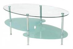 This fantastic and fresh coffee table features an ovular top of tempered safety glass, its shape complemented by unique lower levels made from two close and curving shapes of frosted glass. All is supported by four polished chromed steel legs for a very contemporary allure. Envision this stunning coffee table in your living room. Its modern design of layers of glass held up by chromed steel legs offers a very striking composition. Create a spectacular setting with this modern two-tier coffee table. * A unique contemporary look Oval shape coffee table with elegant curving lines Beveled tempered safety glass Beautiful frosted lower shelving Top shelf glass 8mm thick Subsequent shelves are 6mm thick Sparkling chromed steel legsA Walker Edison Furniture DesignShips Ready-To-Assemble with all necessary tools Assembly instructions with online support38 L x 20 W x 18 H in.