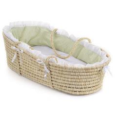 This pretty Moses Basket creates a space for Baby anywhere in the house! A safe place for your baby to sleep at home or when visiting friends. Keep Baby close by wherever you are! Overall unit measures 30.5 inches L x 17"W x 9"H. Basket is 6 inches deep in the middle. Soft liner is made with happy Sage Gingham 80% polyester/20% cotton fabric with a white ruffle trim. Soft polyester fill pads the bumper for comfort. Liner is removable and can be machine washed and tumbled dry. Includes a foam mattress pad and a sheet. Basket can be used until baby is approximately 15 lbs. (6.8 kg) or until baby can push up or roll over unassisted. Basket should always be placed on a firm, flat surface. Never place it near the fireplace or open flames. Sturdy, 8 inch high handles are woven onto the basket. The handle is actually inches one piece" that goes down both sides and under the bottom. Although this basket includes handles, we do not recommend carrying the basket with your baby in it for safety reasons. When Baby outgrows the Moses Basket, use it as a place for storing stuffed animals or linens, or as a bed for dolls or pets.