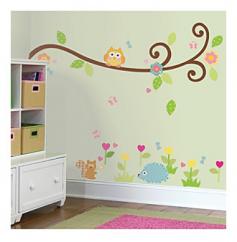 Branch out! This fun swirly branch wall decal works either as its own design, or as a companion piece to our Scroll Tree MegaPack. Each pack includes a large brown branch, patterned leaves, and a few friendly forest friends. Use it to add life and colour to a nursery or child's bedroom, or attach it to your existing Scroll Tree to make your design even bigger! Every element is fully removable and reusable, and can be moved around countless times without peeling away the paint. This product is printed on opaque material for optimum colour brightness. Suitable for any wall colour. Product Features Easy to apply and remove in seconds without damaging the surface. Can be applied on walls, furniture, accessories, mirrors, windows etc Waterproof and wipe clean. Can be re-used and repositioned without leaving a sticky residue. Simply peel carefully from sheet. Then position it in the desired location making sure that the surface/wall is clean and dry (Newly painted walls should be left at least 3 weeks to completely dry) and smooth onto surface making sure to remove all bubbles. To remove or reposition, slowly peel the sticker off the wall and re-apply in the new location. Dimensions Contains 65 stickers on 4 sheets. Wall stickers range from 2.5cm x 2.5cm and 2.5cm x 101cm, assembled size varies based on usage.