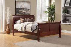Size options available. Durable rubberwood solids and poplar veneer construction. Sleigh bed. Cherry finish. Box spring required. Bring elegance to your bed set with the Alpine Furniture Louis Philippe II Sleigh Bed - Cherry and its classic good looks. Coming in your choice of available size, this sleigh bed is finished in a warm cherry. Size Options: Twin: 46.75W x 84.75D x 41.25H in. Full/Double: 56.5W x 84.75D x 46.75H in. Queen: 62.5W x 91D x 46.75H in. King: 74.5W x 93D x 46.75H in. California King: 80.25W x 91D x 46.75H in. About Alpine FurnitureAlpine furniture knows that certain things never go out of style. Their furniture products are designed and constructed with classic English and/or French dovetailing that provides a sturdy result and an unbeatable aesthetic. For over 20 years, Alpine has provided its customers with a variety of wood products from the bedroom, dining room, and living room. Each piece is design to meet the highest-quality standards of design, durability, and dependability. Customer satisfaction is of the utmost importance to Alpine, who have altered their designs over the years based on customer input in order to attain excellence in all areas. Size: Queen.
