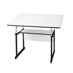Lifetime warranty!Includes Jr WorkMaster Table base and White Drawing Board. Height adjusts from 29 in. to 44 in. in horizontal position. Angle adjusts from 0 to 35. 12 in. x 32 in. storage shelf. Sturdy base constructed of 1 in. x 1 in. heavy-gauge steel tubing. Pictured in Black. 42 in. L x 31 in. W (68 lbs.)48 in. L x 36 in. W (80 lbs.) A 4-post table that adjusts easily, from front or rear, for a comfortable work angle. Versatile and attractive, the WorkMaster can be used as a reference table, computer workstation, or drafting table. Counter-balance not required when using drafting machine. Ideal for architects.