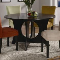 The Bloomfield collection will give your contemporary casual dining and entertainment room a bold update. With different table and chair options, you can mix and match to create the perfect look for your home. Smooth wood table frames have a rich dark Cappuccino finish, with sophisticated beveled glass tops. Four bold colors of soft and durable microfiber on dining side chairs and bar stools help you create a fun look that fits your personality. This unique contemporary dining table will transform your casual or semi-formal dining room into a chic gathering space. The smooth round table top features a rich cappuccino finish over birch veneers, with a lovely crossing pedestal base with a circular central cut-out that creates a fresh style you will love. Pair with your choice of upholstered parson side chairs to fashion a dining ensemble that fits your decor. Deep Cappuccino wood finish Contemporary style Smooth edges, tapered legs, clean lines Round shape Single pedestal Specifications: Overall dimensions: 30H x 52D x 52W inches