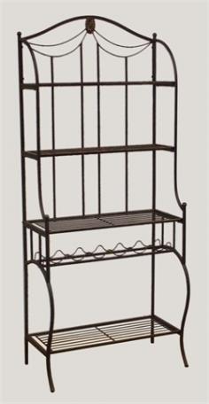 Classic bakers rack stands nearly 6 feet tall4 shelves of versatile storage space Built-in wine rack holds up to 6 bottles Durable metal construction Unique black and gold finish Arched side columns and bowed feet Dimensions: 30W x 16D x 71H inches. What We Like About This Bakers RackThe Camelot Bakers Rack is both rustic and sophisticated poised to bring form and function to kitchen or dining area. This bakers rack features four open wire shelves including a handy work space and a six-bottle wine rack to give you versatile storage and service options. Arched side columns bowed feet and a medallion at the top lend a distinctive touch to this elegant bakers rack. Finished in black and gold this piece will complement any decor scheme. Shelf dimensions: Top shelf: 30W x 8.5D inches Second shelf: 30W x 8.5D inches Third shelf: 30W x 12.25D inches Bottom shelf: 30W x 12.25D inches Space between shelves: Top shelf to second shelf: 13.25 inches Second shelf to main shelf: 13.75 inches Main shelf to bottom shelf: 23.75 inches About Hillsdale FurnitureLocated in Louisville Ky. Hillsdale Furniture is a leader in top-quality affordable bedroom furniture. Since 1994 Hillsdale has combined the talents of nationally recognized designers and globally accredited factories to bring you furniture styling and design from around the globe. Hillsdale combines the best in finishes materials and designs to bring both beauty and value with every piece. The combination of top-quality metal wood stone and leather has given Hillsdale the reputation for leading-edge styling and concepts.