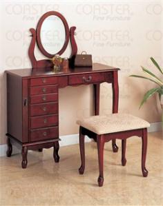 This elegant vanity set will be a nice addition to your traditional bedroom or dressing area. The generously sized top surface will give you plenty of room to get ready so you can set out your hair products make-up and perfume as you dress. The vanity has a center drawer for brushes and frequently used items while a side pedestal offers more storage drawers to meet your needs. An oval swivel mirror is attached too reflecting light and adding another convenient detail to this set. The sophisticated cabriole legs and shaped aprons create a beautiful look all in a warm Cherry finish. Antique style metal hardware accents the piece. The matching stool completes this set with the same elegant cabriole legs below a soft padded neutral fabric covered seat. Add this stunning vanity set to your home to create the perfect place to get ready for your day. Vanity: 36W x 16D x 48.25H. Stool: 16W x 14D x 17.5H. Width (side to side): 36 W. Dresser Height (bottom to top): 48.25 H. Depth&frasl;Length (front to back): 16 D. Mirror: Oval Swivel Mirror. Storage: Ample Storage Drawers.