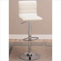 This cool contemporary faux leather bar chair will be a stylish addition to your casual dining and entertainment area. The plush stool back and seat are covered in a rich faux leather in either white or black to complement your taste. A shiny steel base with a high polished chrome finish supports the chair with an adjustable height mechanism for an overall height of 36.25 inches to 40.75 inches high. The seat height is also adjustable from 24 inches to 29 inches high. A round footrest below is offered for comfort. Transform your home into a fun hangout with this stylish bar stool. Item & Dimensions: 15.75" W x 15.75" D. Material & Finish: Composition Wood Veneers & Solids. Composition Metal. Style Elements: Style Contemporary. Style Casual. Leg or Base Chrome Base with Footrest and Adjustable Height Mechanism. Seat Faux Leather Covered Seat. Seat Back Faux Leather Covered Back.