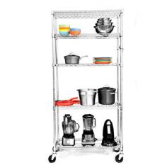 Dimensions: 36L x 18W x 77H inches120-lb. weight capacity per shelf; 600 lbs. total Commercial-grade eco-friendly chrome steel cart5 heavy-duty height-adjustable shelves4 easy swivel casters 2 locking Non-toxic EcoStorage finishing process. The TRINITY EcoStorage 5-Tier NSF 36 x 18 Wire Shelving Rack with Wheels - Chrome is a large storage solution perfect for nearly any room of your home or business. This stainless steel chrome-finished cart boasts and incredible 120-lb. (evenly spaced) weight limit 1-inch-increment height-adjustable shelves and a set of 4 smooth-rolling casters. Each shelf is made of tightly gridded wire for maximum support. Some easy no-tool assembly required.