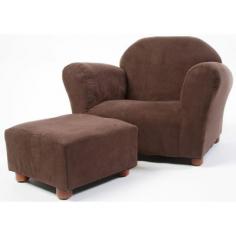 Child-size armchair and ottoman in classic style Durable wooden frames and wide bases Soft and comfortable micro suede is easy to clean Available in your choice of color. Recommended for children age 2 to 5Chair: 24W x 18D x 17H inches. Your child will love being able to kick back and relax in a chair designed just for them with the Fantasy Furniture Roundy Microsuede Kids Chair with Ottoman. This chair and ottoman set is designed to mimic adult furniture in looks and craftsmanship. Its strong and durable frame is covered with high density flame retardant foam which is extremely comfortable Its soft, easy-to-clean micro suede cover is available in your choice of color so you can easily match your decor. Wooden legs gives this set a sophisticated touch which looks right at home in any room. Made for children ages two to five, your child will enjoy curling up with a book, a few toys, or even engaging in imaginative play on this beautifully designed chair and ottoman. Additional Features Frame covered with high density flame retardant foam Foam covering is extremely comfortable Wooden legs add a sophisticated touch Includes a matching ottoman for added comfort Easy to clean Holds up to 100 pounds Made for children ages 2-5 There will be no fighting over the best seat in the family room when your child has this cute chair and ottoman set to chill out on. Great for watching movies or taking a catnap, this chair mimics the style of adult-size furniture but offers child-like appeal. The sturdy wooden frame keeps the chair from tipping, and the microsuede upholstery softly beckons your little one to sit for a spell. Recommended for the toddler set, this chair will fast become a favorite spot to lounge. Color: Brown.