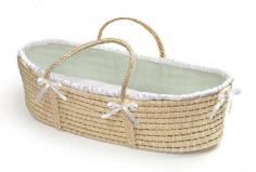 This pretty Moses Basket creates a space for Baby anywhere in the house! A safe place for your baby to sleep at home or when visiting friends. Keep Baby close by wherever you are! Overall unit measures 30.5 inches L x 17"W x 9"H. Basket is 6 inches deep in the middle. Soft liner is made with 100% cotton Sage Waffle fabric trimmed with white satin piping. Soft polyester fill pads the bumper for comfort. Liner is removable and can be machine washed and tumbled dry. Includes a foam mattress pad and a sheet. Basket can be used until baby is approximately 15 lbs. (6.8 kg) or until baby can push up or roll over unassisted. Basket should always be placed on a firm, flat surface. Never place it near the fireplace or open flames. Sturdy, 8 inch high handles are woven onto the basket. The handle is actually inches one piece" that goes down both sides and under the bottom. Although this basket includes handles, we do not recommend carrying the basket with your baby in it for safety reasons. When Baby outgrows the Moses Basket, use it as a place for storing stuffed animals or linens, or as a bed for dolls or pets.