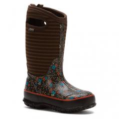 Keep tiny feet cozy in the Bogs Flower Stripe rainboot. This girls waterproof outdoor boot features a playfully printed and durable, hand-lasted rubber upper over a striped, four-way stretch inner bootie. Bogs Neo-Tech insulation (3mm) and a moisture-wicking lining keep her feet comfy and dry, while an anti-odor footbed maintains a fresh interior. The Bogs Flower Stripe rainboot is finished with a non-marking, self-cleaning rubber sole.