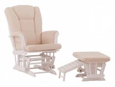 This status veneto glider and nursing ottoman in white beige provides the ultimate nursing glider comfort. The sturdy wood frame is beautifully stained to match the upholstery. The chair and ottoman come in a wide variety of color combinations so you can choose one to perfectly match your decor. The glider arms are padded and the seat and back cushions are filled to provide more comfort for you and baby. The functional ottoman top is cushioned, too, and you can also use the angled, slide-out prop to rest your feet on. However you prefer to relax, this glider and ottoman have the options to suit your style.