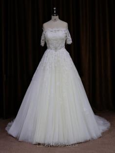 Off-the-shoulder Court Train Short Sleeve Beading Ivory Tulle Wedding Dress