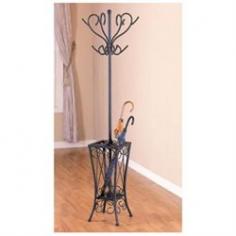 Employ the stylish storage capabilities of this black coat rack with umbrella stand in your entryway hallway or living room and let your guests do the rest. An umbrella stand features swirled flourishes on its base and provides decorative storage space for stowing umbrellas and related rain gear. Its curvaceous design is echoed on the top of this hall tree which features a simple round post embellished with swirled lines that arc in and out to accommodate coats jackets and hats. A sandy black finish completes the coat rack with a matte slightly contemporary look that adds instant style to any space. Width (side to side): 11 W. Height (bottom to top): 71 H. Depth&frasl;Length (front to back): 11 D. Style: Casual.