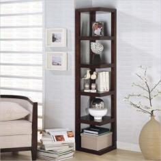 This cool bookcase offer a distinctive storage solution for any room in your home great for tight spaces because it fits right into the corner of your room. The sleek contemporary create a bold look in a deep Cappuccino finish that is sure to complement your decor. Five shelves offer plenty of storage space for books framed photos and your favorite decorative accent items. Create a stylish look in your home with this unique corner book shelf. Width (side to side): 15.5" W. Height (bottom to top): 74.875" H. Depth/Length (front to back): 15.5" D. Storage Five Small Storage Shelves. Shelves and Doors: 5 Shelves.