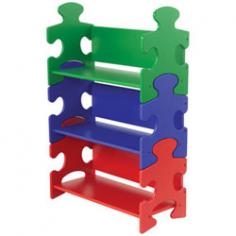 Measures 25W x 11.5D x 37.5H inches. Unique interlocking shelves with puzzle piece shape. Bright primary colors. Easy storage and access to books, toys, and games. Add personality to any childrens play area with the Puzzle Bookshelf in bright and cheerful red blue and green. This stacking bookshelf fits together at the ends with large puzzle pieces that interlock perfectly. This generously sized bookshelf is perfect for storing books stuffed animals toys and boxed puzzles! Make your child smile with the Puzzle Bookshelf today. About KidKraftKidKraft is a leading creator manufacturer and distributor of children's furniture toy gift and room accessory items. KidKraft's headquarters in Dallas Texas serve as the nerve center for the company's design operations and distribution networks. With the company mission emphasizing quality design dependability and competitive pricing KidKraft has consistently experienced double-digit growth. It's a name parents can trust for high-quality safe innovative children's toys and furniture. This charming KidKraft puzzle bookshelf bookcase comes in bold primary colors to light up your child's bedroom and help to give it a welcoming, friendly feel. The shelves are molded in the classic shape of a jigsaw puzzle and interlock just like ordinary puzzle pieces do. These sturdy shelves are large and have the space to comfortably hold a child's books, games, toys, and more without adding unnecessarily to the inevitable clutter of a kid's room.