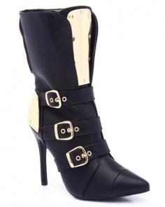 The Rio Girl Gold Detail Buckle Heel Boot by Red Kiss feature: US sizing Black Faux Leather Upper Gold plate and buckle detail Pointy toe design Zipper closure Smooth lining and cushioned foot-bed Approx: 7" shaft Approx: 4.25" heel Imported
