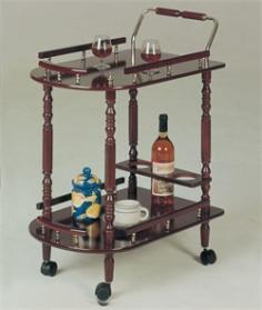 This serving cart will add sophistication and charm to your home. It features cherry finish with brass accents and four wheels. It has one shelf at the bottom to keep your plates cups and more. It has one long shelf at the top for serving the drinks and snacks and also a convenient wine rack at the bottom to hold up to 3 bottles. Item and Dimensions Width (side to side): 24.25" W. Height (bottom to top): 31.25" H. Depth/Length (front to back): 15.75" D. Material and Finish Composition: Wood Veneers and Solids. Style Elements Style: Traditional. Case Detail: 4 casters. Storage and Features Storage: 2 shelves 3 wine bottle storage compartments. Shelves and Doors: 2 Shelves.