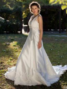 Modest V-neck Ivory Satin Tulle Lace with Beading Chapel Train Wedding Dress