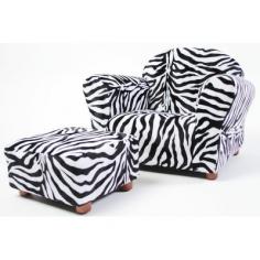 Classically tailored chair sized just right for children Durable wooden frames and wide, stable bases Includes a matching ottoman for added comfort. Fun and wild zebra print on soft faux fur fabric. Recommended for children age 2 to 5Chair: 24W x 18D x 17H inches. Your child who loves style and animals will love the Fantasy Furniture Roundy Kids Chair Zebra with Ottoman. Covered in faux fur for a soft and luxurious feel, this chair and ottoman set is perfect for your child to enjoy reading or looking at books, relaxing, or spending time with you. Underneath its bold zebra print, this chair boasts a strong, durable, and handmade wooden frame covered in high density flame retardant foam for added comfort. Wooden feet add a sophisticated look to the chair and ottoman so they're right at home in any room of your house. Made to mimic an adult chair, this set is made for children ages two to five and can hold up to 100 pounds. Additional Features Frame covered with high density flame retardant foam Foam covering is extremely comfortable Wooden legs add a sophisticated touch Holds up to 100 pounds Made for children ages 2-5 Give your wild child a place to relax after a hard day on the jungle gym with this kids' chair and ottoman set from Fantasy Furniture. Both the chair and the ottoman feature wood frames covered with high-density flame-retardant foam for safety and comfort, and its faux-fur leopard print in shades of black, brown, and white adds dramatic visual appeal to your little one's space. Designed to mimic the look of adult-size furniture, the child-size set is made for children ages 2 to 5 and will support up to 100 pounds of weight.