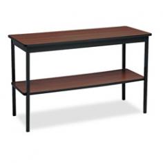 Utility Table with Bottom Shelf Rectangular 48w x 18d x 30h Walnut/Black An easy way to expand your work area. Economically priced table with 3/4" woodgrain laminate top. Stable nonfolding 1" square steel legs with plastic glides. Height 30". Enamel finish on 2-1/4" apron and legs. Top Color: Walnut/Black; Top Shape: Rectangular; Top Thickness: 3/4"; Overall Width: 48".