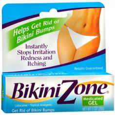 Helps Get Rid of Bikini Bumps br Lidocaine - Topical Analgesic Instantly Stops Irritation, Redness Itching 2 Use After Shaving, Depilating Waxing 3 Dermatologist Tested Get Rid of Bikini Bumpsbr Dermatologist-tested Bikini Zone Medicated Gel is specially formulated to provide fast relief from bumps, irritation and pain that can occur in the sensitive bikini area after shaving, waxing or use of depilatories. Bikini Zone absorbs instantly, as you apply it. You ll start to feel relief from the irritation, pain and itching immediately. After 24 hours, you ll see a noticeable difference, as Bikini Zone begins to smooth away the appearance of bumps and the redness. Plus, Bikini Zone will not stain lingerie, swimsuits or clothing. Bikini area irritation can occur any time, not just during swimsuit season. Using Bikini Zone regularly can help keep your bikini area skin irritat