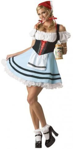 Look right at home in Bavaria when you wear this Premier Oktoberfest Girl Costume for Adults. This authentic looking Old World costume includes a ribbon trimmed full-length dress an attached apron and a lovely lace petticoat. A head scarf and ankle socks are trimmed in lace to complete one sexy beer girl costume that men are certain to be crazy about. The Oktoberfest girl costume is available in sizes ranging from small to large so all women can take part in this great party costume. This is the gold standard of sexy Halloween costumes and you won t find a more appealing costume at a lower price anywhere on the internet. Add to the obvious charm of this sexy outfit with a Classic Blonde Braids Wig for Adults and a Gold Beer Mug Purse Costume Accessory. Top off this sexy ensemble with a pair of Adult Black Patent Mary Jane Shoes. Features a jacquard ribbon-trimmed full dress withattached apron and lace petticoat lace-trimmed h ead scarf plus lace-trimmed ankle socks.