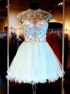 Short/Mini Light Sky Blue Scoop Neck Tulle Beading Open Back Prom Dresses #PED020101145