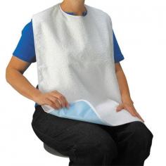 This terry towel bib provides an outer layer cloth that contains a water repellent lining to help keep your clothes clean while eating or doing other activities. The velcro closure makes it easy to take on or off without hassle. Machine washable. Dimensions: 26 x 18. White.