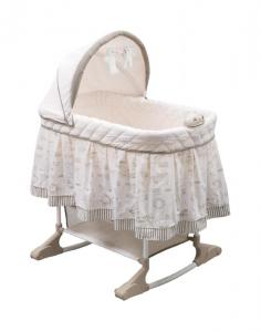 Item is shipped UPS and does not ship to APO/FPO addresses. The adorable rocking bassinet is perfect for keeping your little one close to you during the early months. Features an attractive design with soft neutral colors and several features that make this a must have for anyone with a new baby. The bassinet features retractable/locking swivel castors making it easy to move from room to room. Bassinet comes with a one inch thick mattress pad and one matching sheet. Some assembly required. ASTM/JPMA certified.