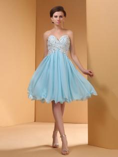 Blue Chiffon Empire Knee-length Appliques Lace Wholesale Prom Dresses