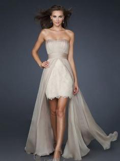 A-line Chiffon Strapless Lace Floor-length Formal Dresses