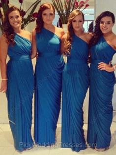 Royal Blue Chiffon Ruched Unique Sheath/Column One Shoulder Bridesmaid Dresses #PWD01012578