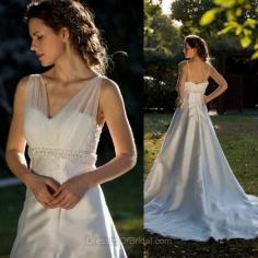 V-neck A-line Chapel Train Lace Satin Tulle Beading Wedding Dresses