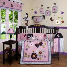GNY1130: Features: -Material: 65/35 Percent of polyester/cotton. -Machine washable. -Set includes crib quilt, two valances, skirt, crib sheet, bumper, diaper stacker, toy bag, two pillows, three wall hangings. Product Type: -Bedding set. Color: -Pink. Material: -Cotton blend. Fill Material: -Polyester/Polyfill. Dimensions: Overall Product Weight: -7 lbs.