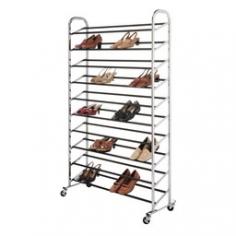 Holds a whopping 50 pairs of shoes! Chrome and black finish matches anywhere Can be used with included wheels or sit flat Ten tiers of non-slip tubes Easy, no-tool assembly If you can't imagine life without shoes, we can't imagine how you've been living without the Jensen Chrome Rolling Shoe Rack. This chrome and black behemoth holds up to 50 pairs of your beloved bipedal beauties in style. Never let a pair sit idle to the back of the closet again. Rack assembles quickly, easily, and completely without the use of tools. You know you want this.